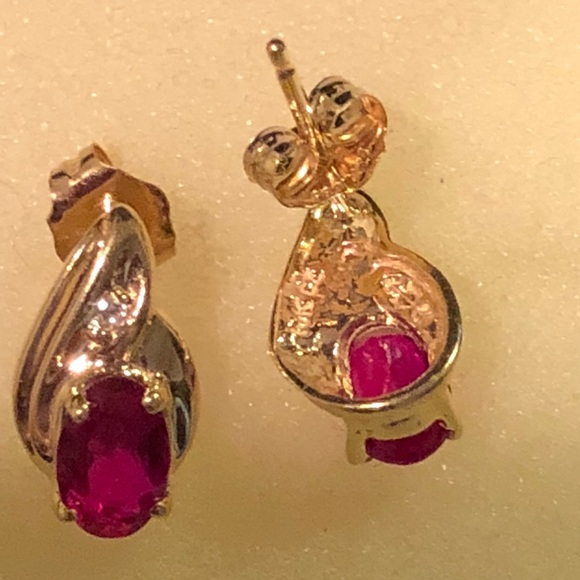 10K ruby earrings with small cubic zirconia - Picture 2 of 5